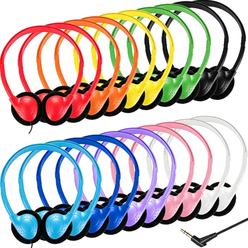 Ladont 20 Pack Bulk Classroom Headphones for Students Kids School, Wholesale Headphones Class Set with 3.5mm Jack for Chromebook Laptop PC Computer(10 Mixed Colors)