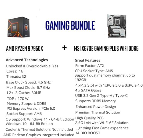 Image of INLAND AMD Ryzen 9 7950X CPU Processor with MSI X670E Gaming Plus Motherboard, AM5 Socket, DDR5, PCIe 5.0, WiFi 6E