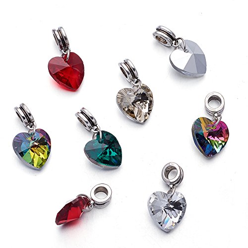 KISSITTY 50-Piece Glass Dangle Heart Pendants Large Hole Randomly Assorted Color 1 inch (25mm with Bail Hanger) Fit European Style Jewelry Making