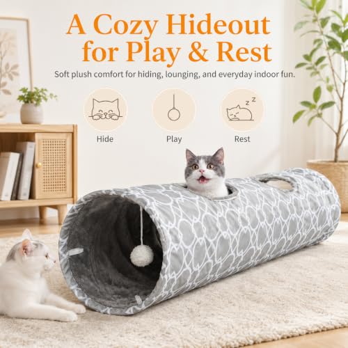 Image of Geometric Straight Cat Tunnel with Plush Inside,Cats Toys Collapsible Tunnel Tube with Balls, for Rabbits, Kittens, Ferrets,Puppy,Diameter 11.8 Inch