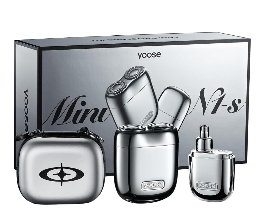 yoose Mini Zestaw Podarunkowy (Maszynka do Golenia + Trymer do Nosa) - Obudowa z Jednego Kawałka Metalu, Cichy Silnik, IPX7 Wodoodporny - Kompaktowy - Idealny Prezent dla Mężczyzny (Srebrny)