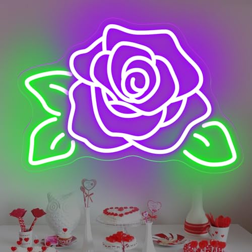Image of Rose Flower Neon Light Signs for Wall Flower Shop Window, Room, Cafe Art Decorative Lady Gift Wedding Bachelorette Party Bridal Banquet Background Decor Sign, 15.7 inchx10.8 inch, Purple