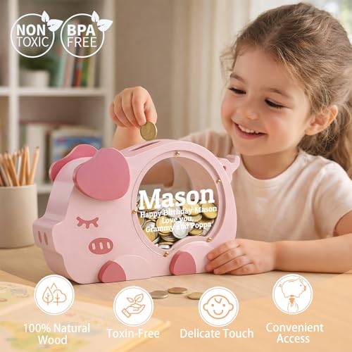 Image of Personalized Piggy Bank for Kids, Cute Money Bank for Girls, Clear Coin Bank with Plug, Wood Kids Bank Toy Unbreakable Money Box, Gift for Children Birthday Christmas and Decor