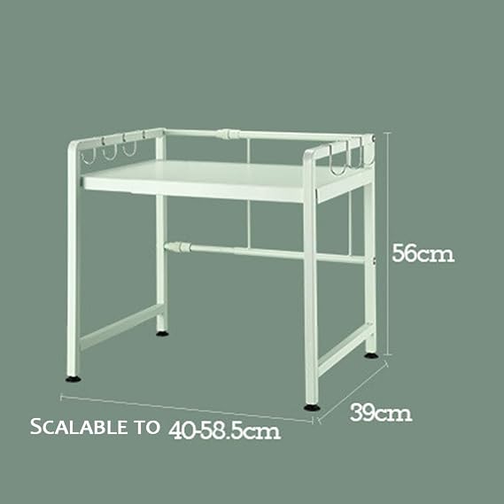 Expandable Metal Microwave Rack Retractable Kitchen Utensils Cooker Rack Dish Storage Cabinet, 2 Tiers, 6 Hooks, Green