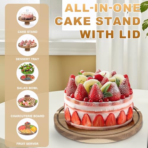 Acacia Wood Cake Stand with Lid, 12'' Round Cake Holder with Clear Acrylic Cover, 2 in 1 Dessert Table Display Set & Charcuterie Board, Kitchen Decor for Birthday or Wedding - Image 4