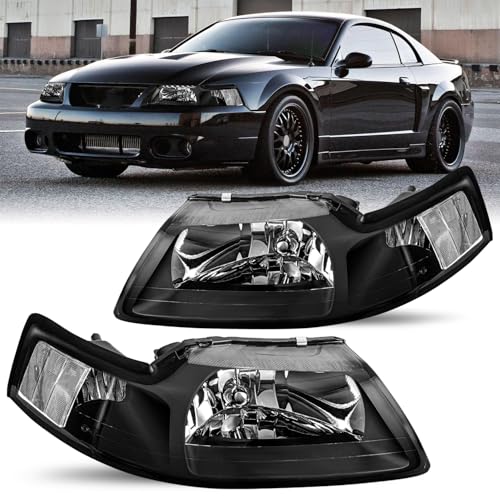 JSBOYAT Headlight Assembly Pair Fit for 1999-2004 Ford Mustang [Factory Halogen Type] OE Style Headlamp Replacement Pair (Black Housing & Clear Reflector)