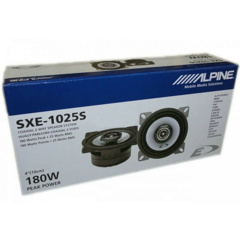 KIT Set pour Alpine SXE-1025S 2 Haut-parleurs 2 Voies coaxiales 10 cm 100 mm 4", 25 Watts rms et 180 Watts Max pour caissons Standards, par Paire + bagues à vis et 5 Stickers offerts