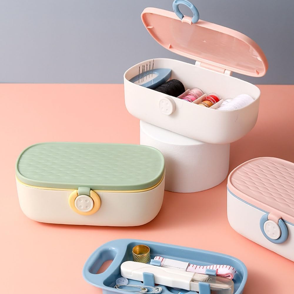 ASWRTYJO Sewing Organizer Box Set Portable Household Hand Sewing Storage Tools Mini Travel Plastic Layer Sewing Threads Wire Box(E)