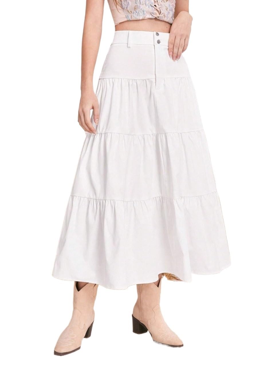 Womens Casual Zipper Button High Waist Ruffle Hem Long Skirt Trendy Stylish Skirts