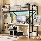 LIPIGE Loft Bed Twin Size,Loft Beds with Built-in Power Outlet LED Lights,Clothing Hanger,Storage Pouch,Heavy Duty Metal Safety Guard Rail for Kids Teens Adults,No Box Spring Needed,Black