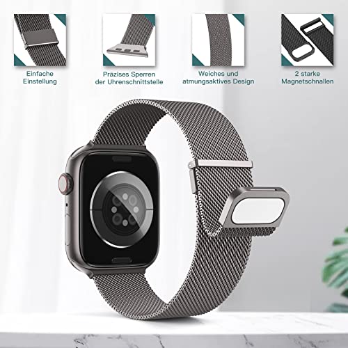 Yoohoo Milanese Loop for Apple Watch Straps 38mm 40mm 41mm 42mm 44mm 45mm 46mm 49mm Women Men,Adjustable Metal Band with Dual Magnetic Clasp for iWatch Series 11 10 9 8 7 6 5 4 3 SE3 Ultra3,Graphite - Image 2