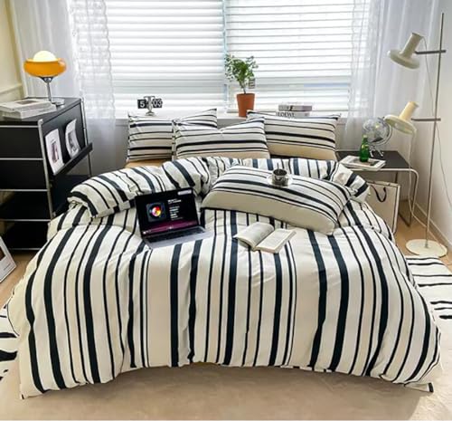 Image of KAREVER Striped Comforter Set Full Black and White Comforter Men Women Modern Chic Stripes Bed Comforters Beige Black Striped Full Ticking Bedding Comforter Set All Season Hotel Quality Bed Set
