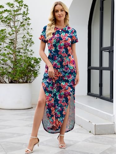 Image of Heymoments Womens Summer Maxi Dress Short Sleeve Casual Loose Long T Shirt Split Vacation Beach Sundress with Pockets