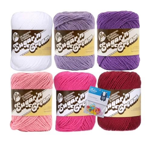 Image of Lily Sugar'n Cream 100% Cotton Yarn 6-Pack Bundle with Bella's Crafts Stitch Markers (Pink Mix)