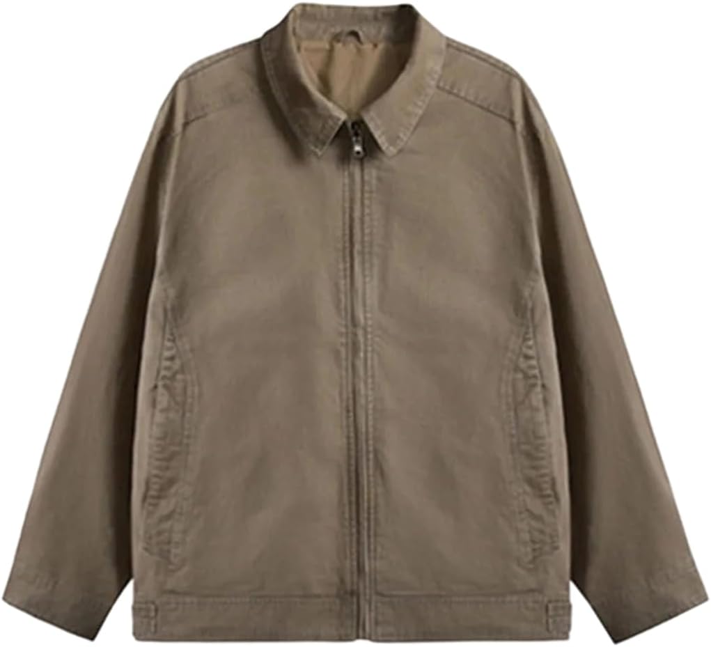 Men Retro Long Sleeves Work Jacket Loose Cotton Zip Up Casual Utility Fall Outerwear