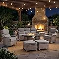 Luxury High Back Outdoor Furniture with 6-inch Extra Thick Cushions, Patio Furniture Set with Fire Pit Table & Swivel Chairs, 7 PCS Wicker Conversation Set for Patio, Yard, Deck, Poolside, Brown/Grey
