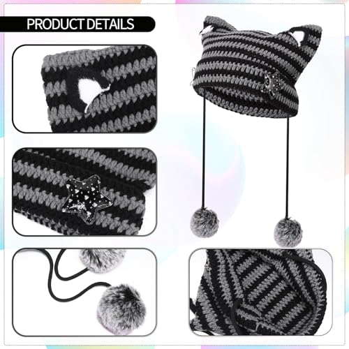 Y2k Accessories Set Included Y2k Beanie Cat Crochet Hats Cat Beanie Accessories with Kawaii Leg Cover Y2k Grunge Layered Necklace Hip Hop Pants Chain for Women Girls