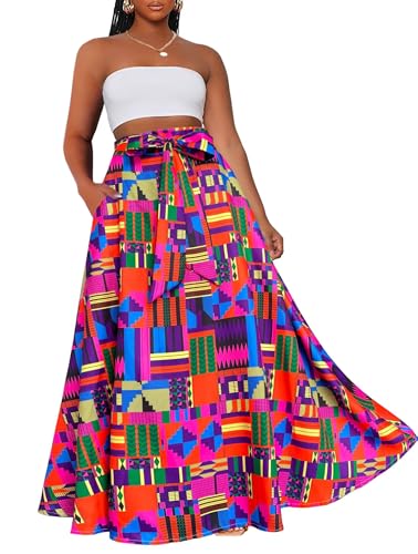 Afibi Womens Casual High Waist Tie Afican Print Long Maxi Skirt with Pockets2