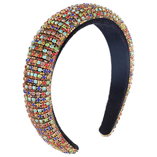 Rhinestone Padded Headband Bejewelled Wide Velvet Headband Hair Hoop Baroque Statement Chunky Wedding Bridal Headpiece Headwear For Woman (rainbow)