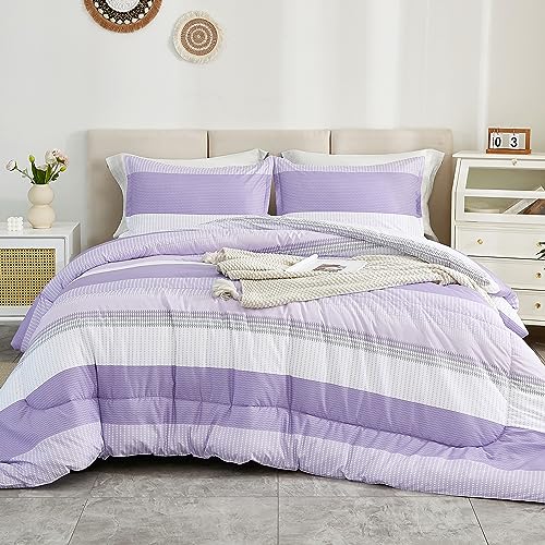 Litanika Lavender Comforter Set King - 3 Pieces Lightweight Lavender Purple White Colorblock Stripe Fluffy Bedding Comforter Sets, All Season Bed Set