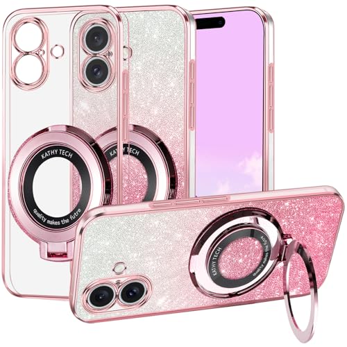 Coque iPhone 16 Plus transparente rose pailletée pour briller en soirée avec support