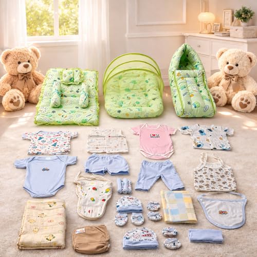 Image of BABY STATION Premium Newborn Baby Bedding Essentials | Complete Hospital Kit Combo | Daily Needs Baby Gift Set (0-6 Months) Multicolor (60 in 1 Blue (Pack Off 60)