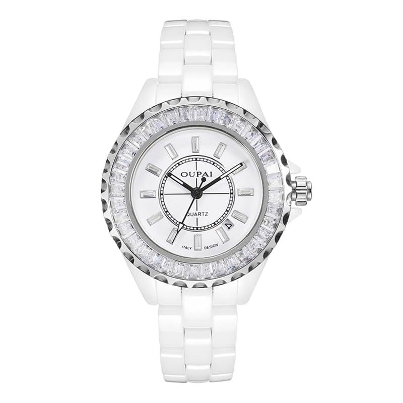 OUPAI Montre à quartz blanche en céramique pour femme étanche de luxe mode baguette paillettes OP8008, Blanc pailleté, Luxe Baguette Glitz