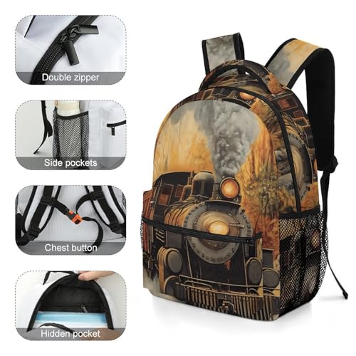 Vintage Steam Train Autumn Forests Unisex Backpack Casual Daypacks Lightweight Shoulders Bag for Camping Hiking Travel4