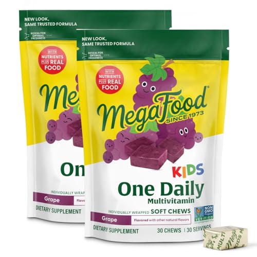 MegaFood One Daily Kids Vitamins Multivitamin Soft Chews - Vitamin B C D & E - Age 4+ Vegetarian Made Without 9 Food Allergens - Grape Flavor 30 Chews (2 Pack)