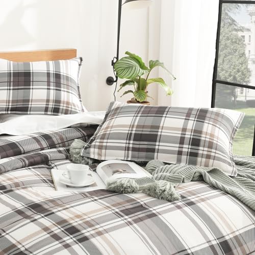 Image of Andency Gray Brown Black Plaid Comforter Set Queen(90x90Inch), 3 Pieces Grid Gingham Stripes Bedding Comforter Sets for Boys Girls Kids Teens, Preppy Geometric Line Soft Lightweight Reversible Bed Set