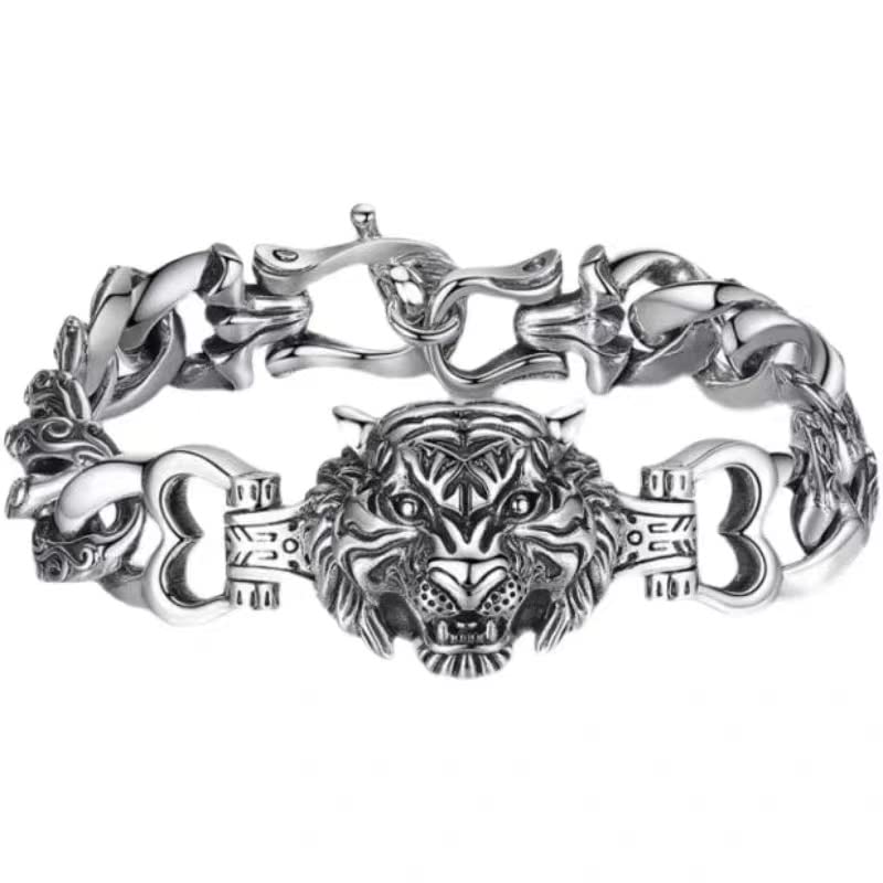 LYGBAOFUL Herrenschmuck, Herrenschmuck-Armband, Perlenarmbänder, Sterling-Silber-Armband für Männer, Herren-Silberarmband, Tigerkopf-Stulpe-Armreif, Freundschaftsarmband, Herren-Silberschmuck, Geburt
