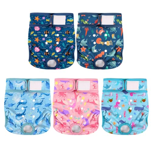 Image of wegreeco Female Dog Diapers, Washable Reusable Pet Puppy Doggie Diapers for Small Medium Large Female Dogs in Heat Period, Doggy Period Panties, 5 Pack, Medium, Dolphins Pattern