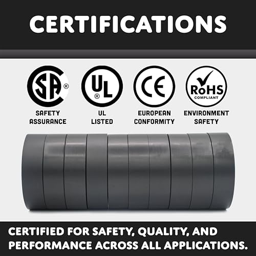 Image of TradeGear Black 10 Pack - UL Listed Colored Electrical Tape, 60 ft x 3 /4 in, 600V, Flame Retardant, Waterproof, Rubber Adhesive - Phase Marking, Wire ID, Automotive