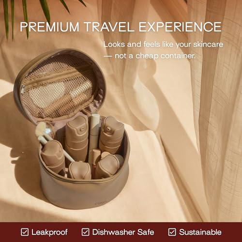 Image of RIES Essential Refillable Toiletry Travel Bottles Airless Pump Set | TSA Approved, Leak Proof Airless Pump, BPA Free Recycled Plastic, 5 Piece Sand Color Set, Dishwasher Safe