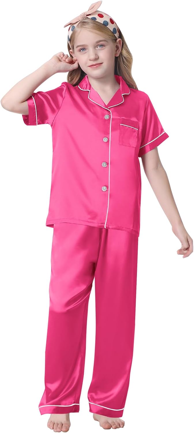 Umeyda Girls Womens Pajamas Set, Satin Silky Button Down Loungewear 2 Piece Short Sleeve Pants PJS Sets for Mommy Kids image 2