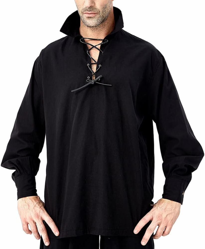 COREWOScottish Jacobite Ghillie Kilt Shirts Halloween Medieval Renaissance Pirate Lace Up T-Shirt Top