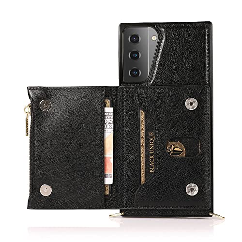 Sacoche bandoulière pour Samsung S22 Plus et S21 avec porte-cartes zippé en cuir