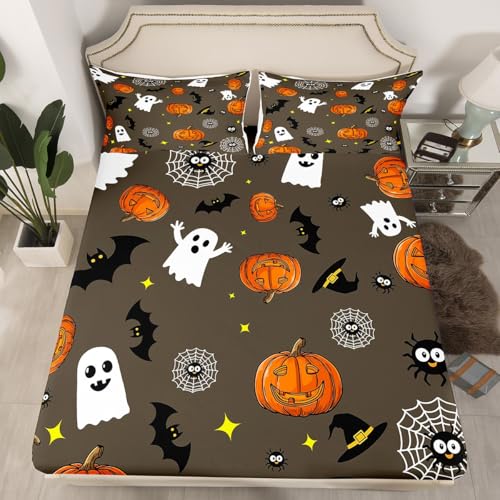 Erosebridal Juego de sábanas bajeras con diseño de Halloween, bolsillo profundo para niños y niñas, juego de sábanas de farol de calabaza, estrellas góticas espeluznantes, juego de ropa de cama de