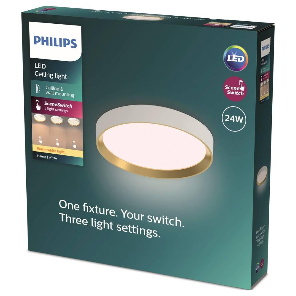 Philips LED Hanno Plafón de Techo, 24W, 2700 lm, Luz Blanca Cálida 2700K, Protección IP20, SceneSwitch, Redondo, Detalle Dorado, Color Blanco