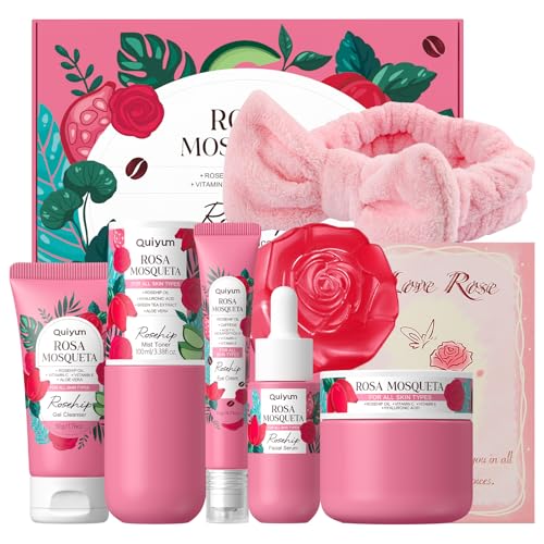 QUIYUM Set de Cuidado Facial con Rosa Mosqueta, 7 Piezas para Mujeres, incluye Gel Limpiador, Tónico, Sérum, Crema Contorno de Ojos, Crema Hidratante, Jabón Facial y Banda para el Cabello
