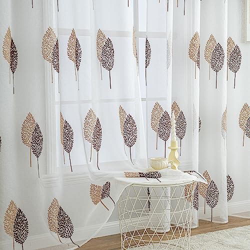 MIULEE Cortinas de Salon Modernas con Bordado de Hojas, Cortinas Dormitorio Translucidas 2 Piezas con Ojales, Decorativas Visillos para Ventanas Habitacion (2X A140 x L245 cm, Hojas Marrón y Café)