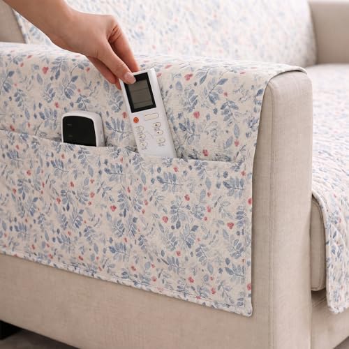 Image of STITCHNEST 'CloudFeel Series' Quilted Printed Velvet Sofa Cover for 1 Seater | Premium Soft Velvet Sofa Protector | Blue Floral Leaf Print Design with Armrest Pockets | Furniture Cover