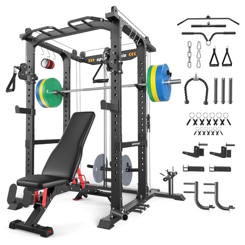 Image of Sportsroyals Power Cage, Multi-Functional Squat Rack, Power Rack with Pulley System & LAT Pull Down, Workout Cage with J Hooks for Home Gym