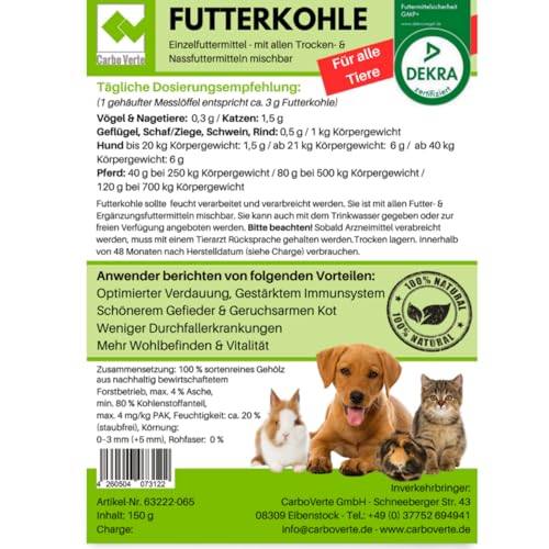 Futterkohle 150 g Nachfüllpack für Hunde, Katzen, Hamster, Meerschweinchen, Kaninchen, Hasen, Vögel, Pferde, nach GMP+ FSA gesichert (150 g)