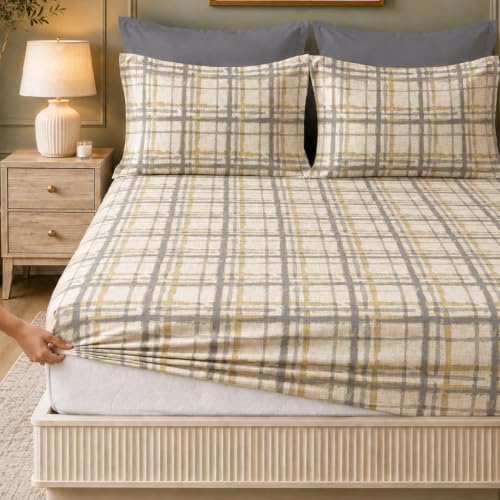 Image of LANE LINEN Symphony | 100% Cotton Sheet Set | Soft & Breathable Fabric | 3 Piece (1 Bedsheet + 2 Pillow Covers) | King Bed Sheet Set - Yellow & Grey Linear Grid