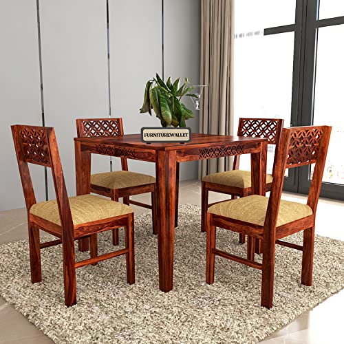 Image of Solid Sheesham Wood 4 Seater Dining Table Set with Cushioned Chairs for Dining Room | Living Room | Home & Office | Hotels Restaurant & Cafe (4 Seater, B-Honey)
