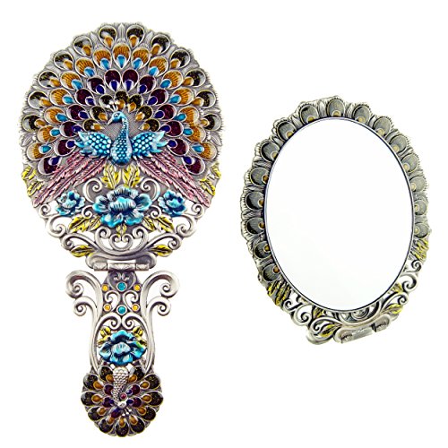 Ivenf Extra Large Size Vintage Oval Make-Up Hand/Table Mirror, Dress Table Decoration, Spreading Tail Peacock, Antique Pewter