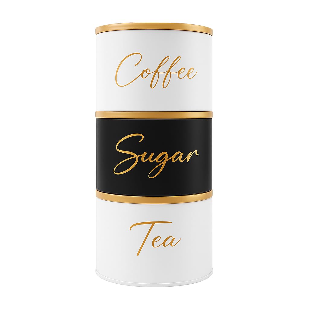 Maria's Selection Tea, Coffee, Sugar, Canister Set, Set of 3 Stackable Airtight Food Storage Easy to Open Storage Cansiters Jars Tin, Black/Grey/White