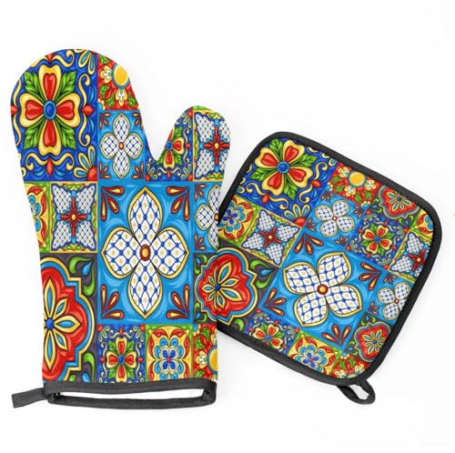 Oven Mitts and Pot Holders Sets of 2,Mexican Talavera Flower Heat Resistant Kitchen Oven Gloves Potholder for Baking Grilling BBQ Cooking