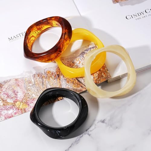 4 Pcs Square Acrylic Resin Bangle Bracelets Wide Irregular Geometric Plastic Bracelet Wristbands for Women Jewelry Set2
